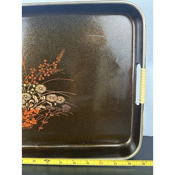 Vintage Brown And Black Lacquer Serving Tray Plastic Wrapped Handles Fall Decor - Picture 6 of 8